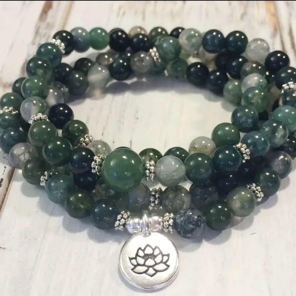 108 Bead Moss Agate Reiki Infused Mala Wrap Bracelet Necklace